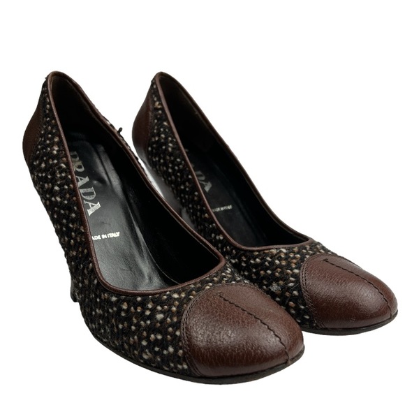 Prada Tweed Woven Marrone Vintage MaryJane Pump Heels Sz: 7.5 (37 1/2) - Picture 1 of 11